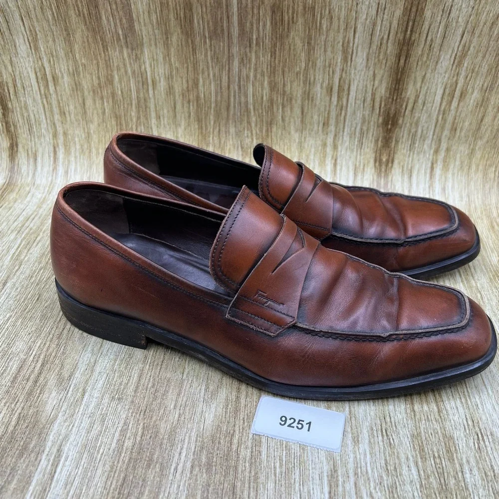 Salvatore Ferragamo Penny Loafers Men's Size 9.5 EE Brown‎ Italian Dress Shoes